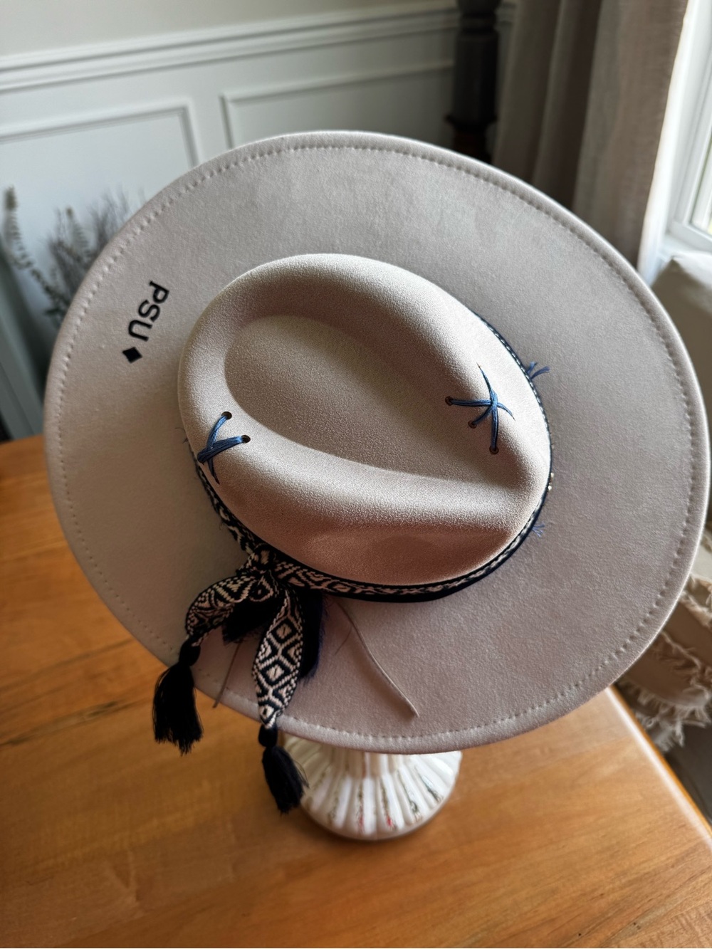 Hand Crafted Cream Wide-Brim Embellished Penn State Hat - Picture 13 of 14